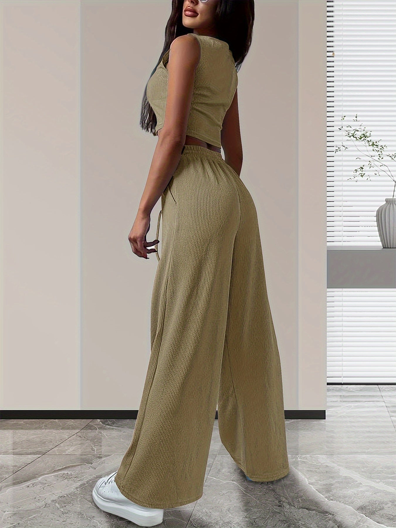 Elegant Solid Color Ribbed Three Pieces, V Neck Crop Tank Top & Button Front Long Sleeve Cardigan & Drawstring High Waist Wide Leg Pants Outfits, Women's Clothing MyFave Boutique