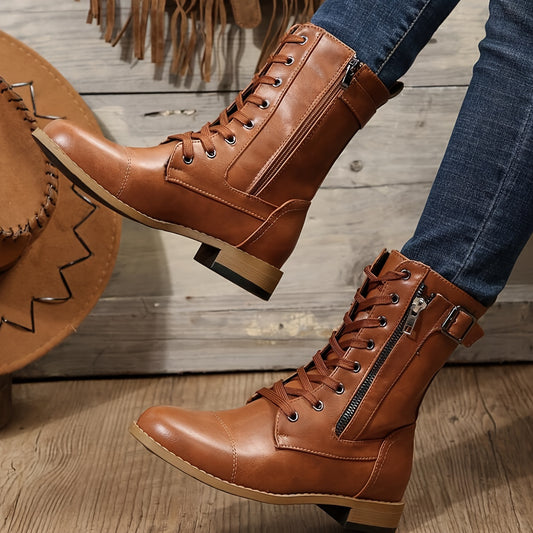 Women's Side Zipper Mid Calf Boots, Retro Solid Color Lace Up Flat Boots, Comfortable Round Toe Boots MyFave Boutique