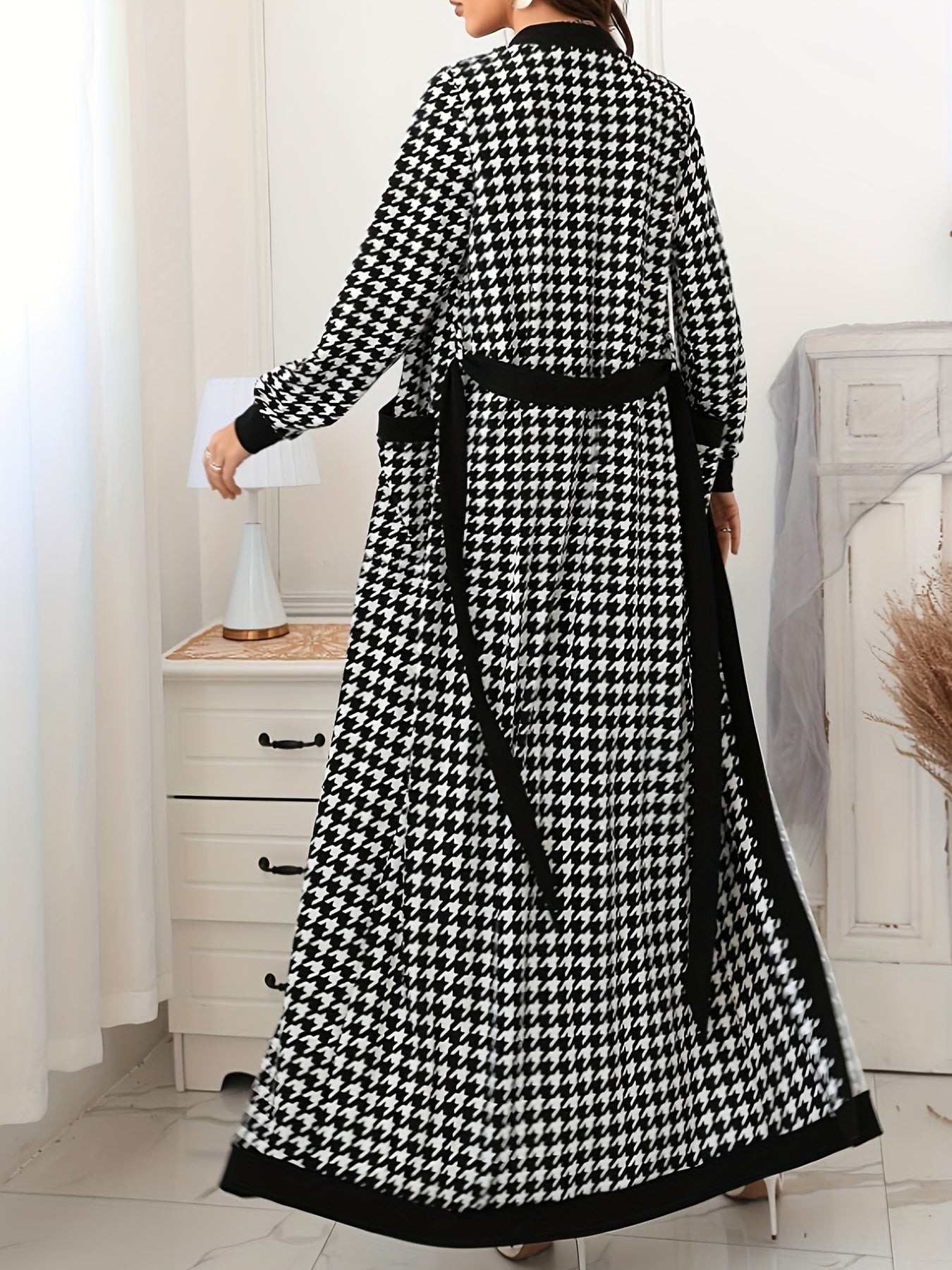 Elegant Houndstooth Pencil Dress Set, Long Sleeve Open Front Tie Waist Duster Cardigan & Bodycon Crew Neck Sleeveless Split Hem Tank Dress Outfits, Women's Clothing MyFave Boutique