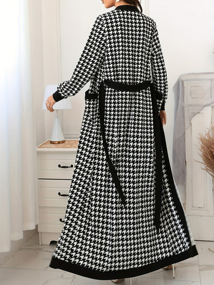 Elegant Houndstooth Pencil Dress Set, Long Sleeve Open Front Tie Waist Duster Cardigan & Bodycon Crew Neck Sleeveless Split Hem Tank Dress Outfits, Women's Clothing MyFave Boutique