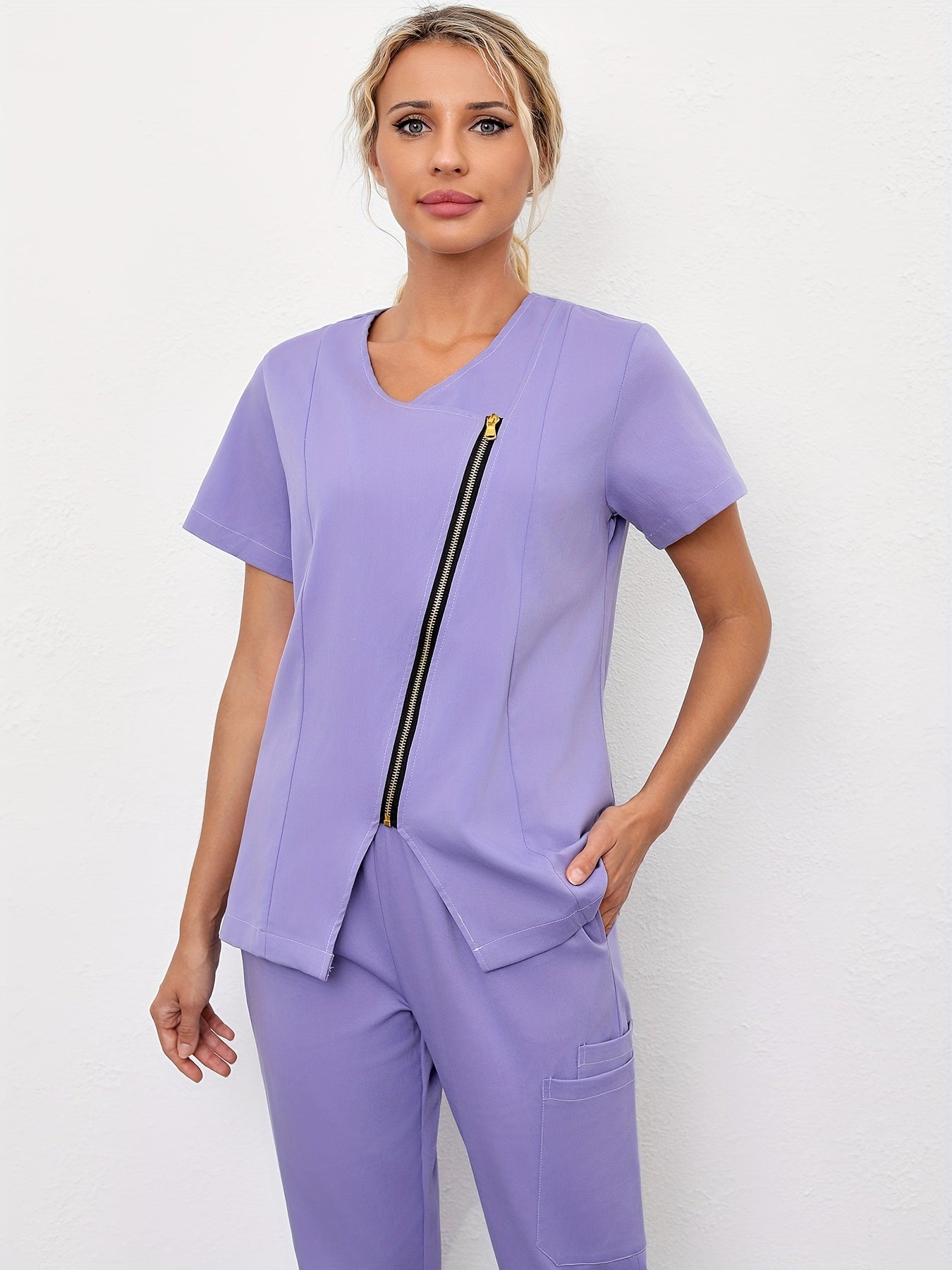 Short Sleeve V-neck Zipper Top, Comfortable & Functional Health Care Uniform For Nurse, Women's Clothing MyFave Boutique