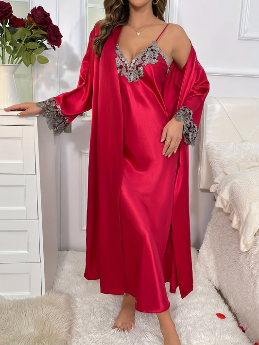 Women's Contrast Lace Pajama Set with Long Sleeve Robe, Belt, and V-Neck Slip Dress - Comfortable Sleepwear and Loungewear MyFave Boutique