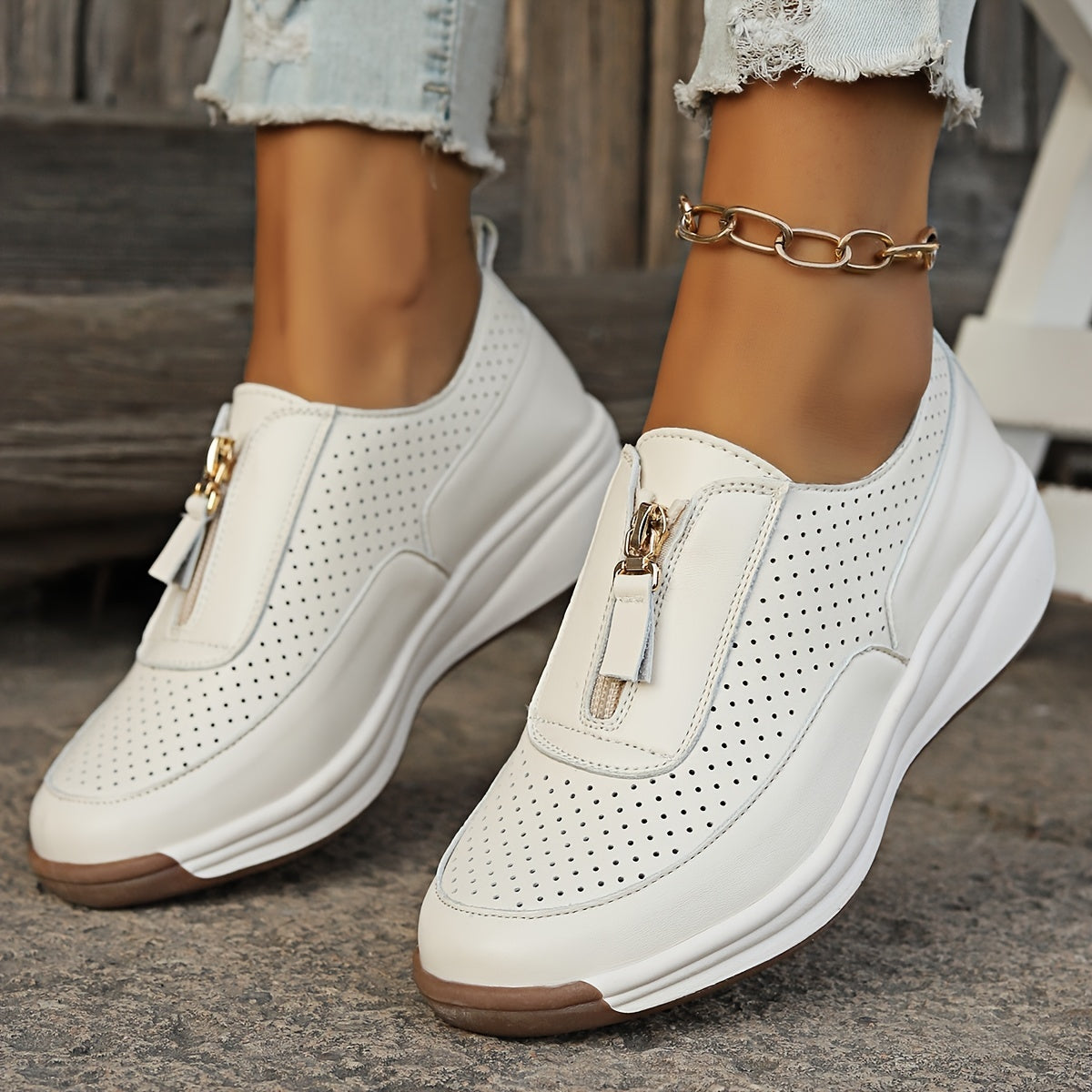 Women's Platform Sneakers with Zipper, Hollow Out Design, Casual Low Top Shoes for Outdoor Activities MyFave Boutique