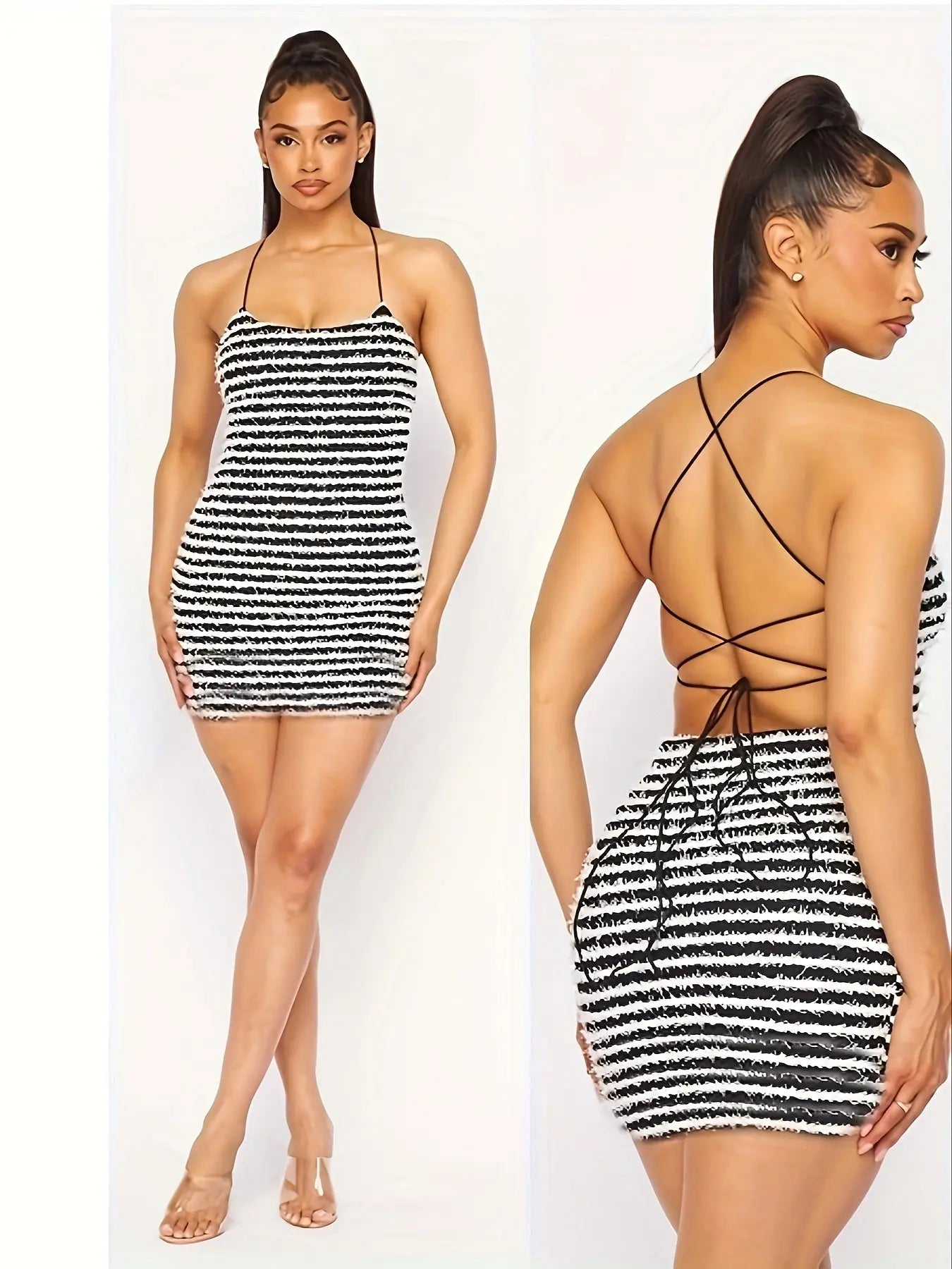 Striped Bodycon Spaghetti Strap Dress, Sexy Cross Tied Backless Mini Dress, Women's Clothing MyFave Boutique