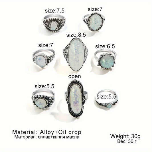 8 Pieces Of Women's Geometric Circular Oval Imitation Opal Gemstone Finger Joint Ring Set, Daily Folding Bracelet MyFave Boutique