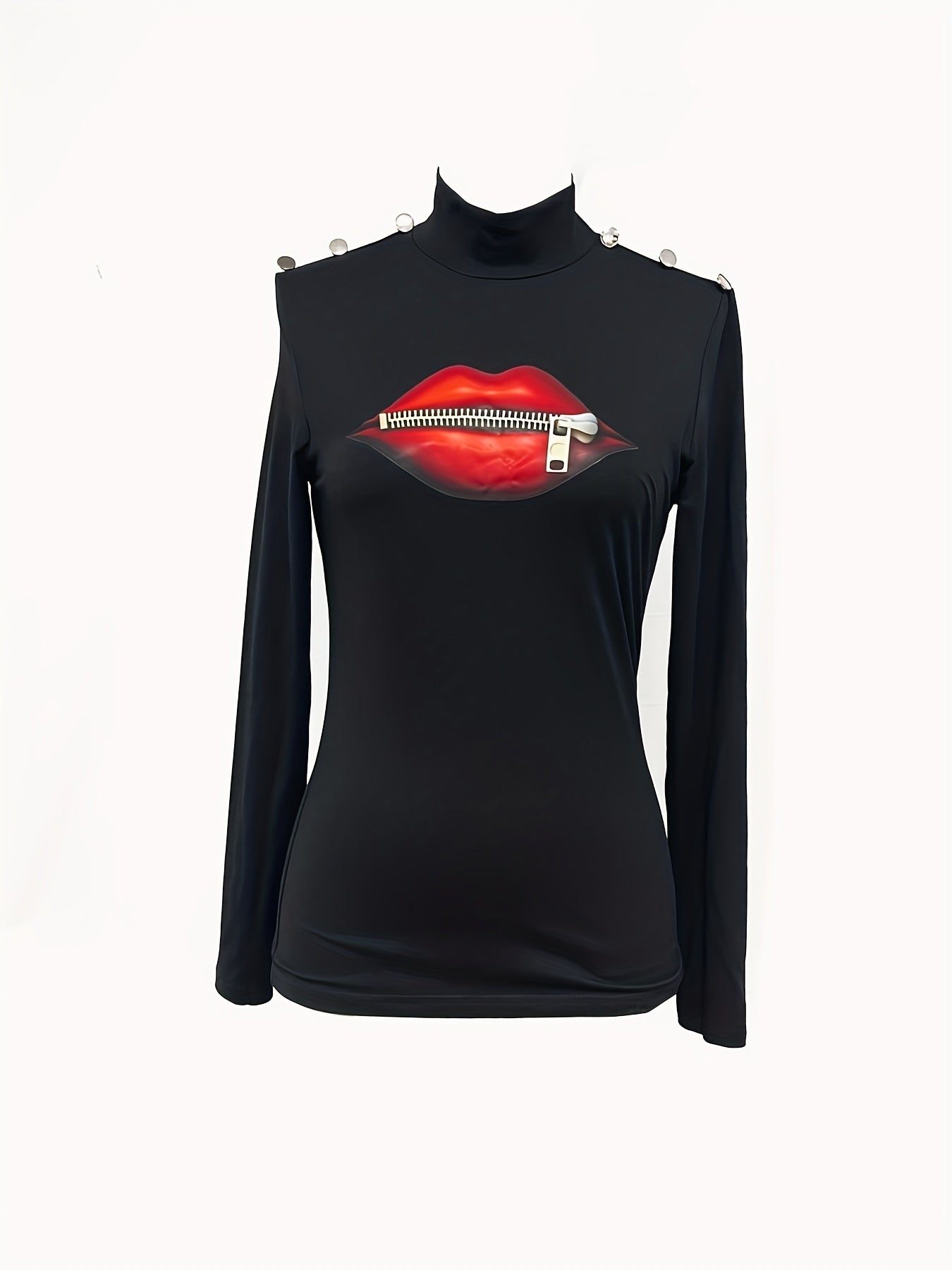 Button Decor Lips & Zipper Print T-shirt, Chic Long Sleeve Top For Spring & Fall, Women's Clothing MyFave Boutique