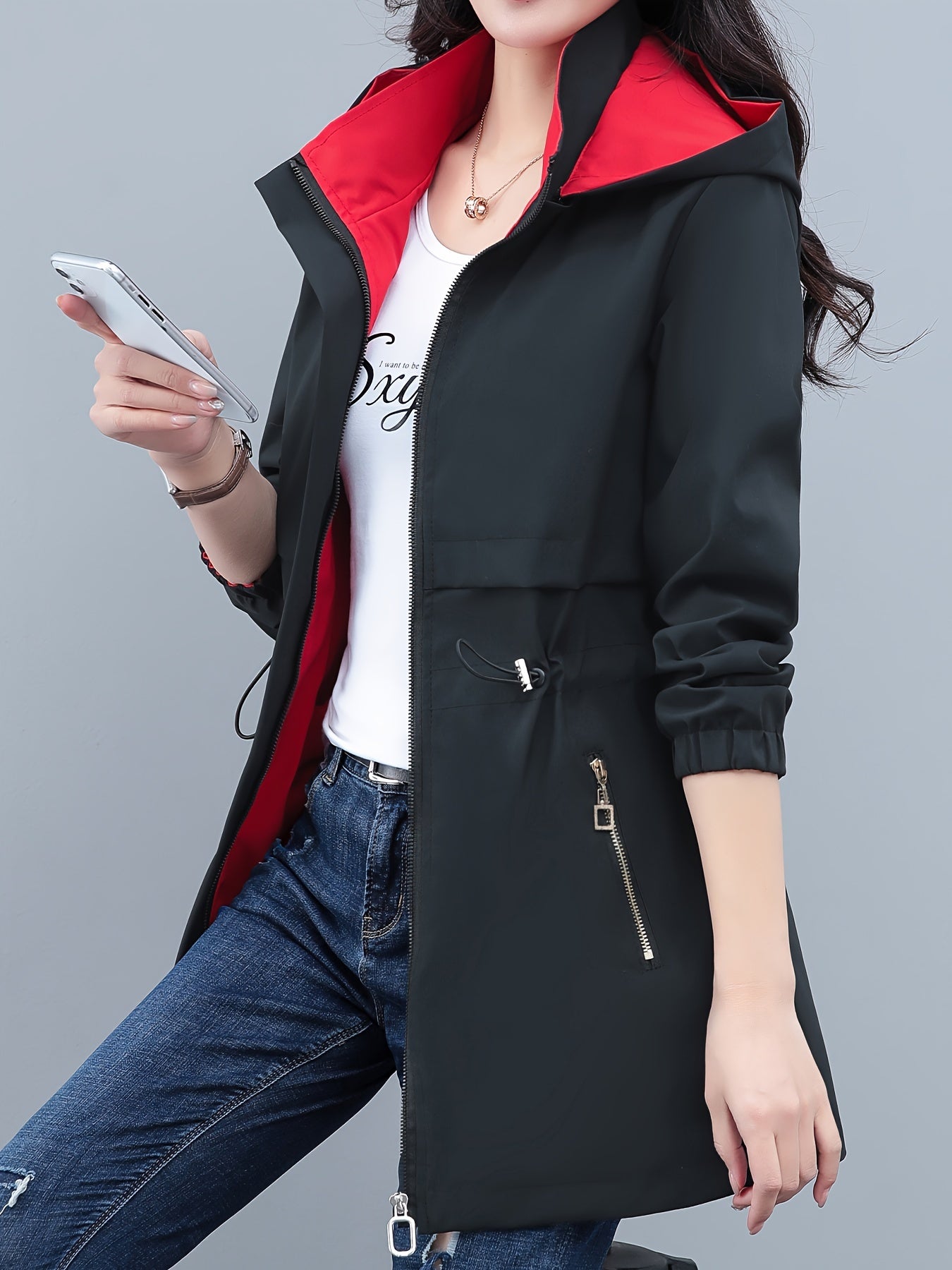 Color Block Zip-up Hoodie Windbreaker Jacket, Casual Long Sleeve Slant Pockets Drawstring Jacket For Spring & Fall, Women's Clothing MyFave Boutique