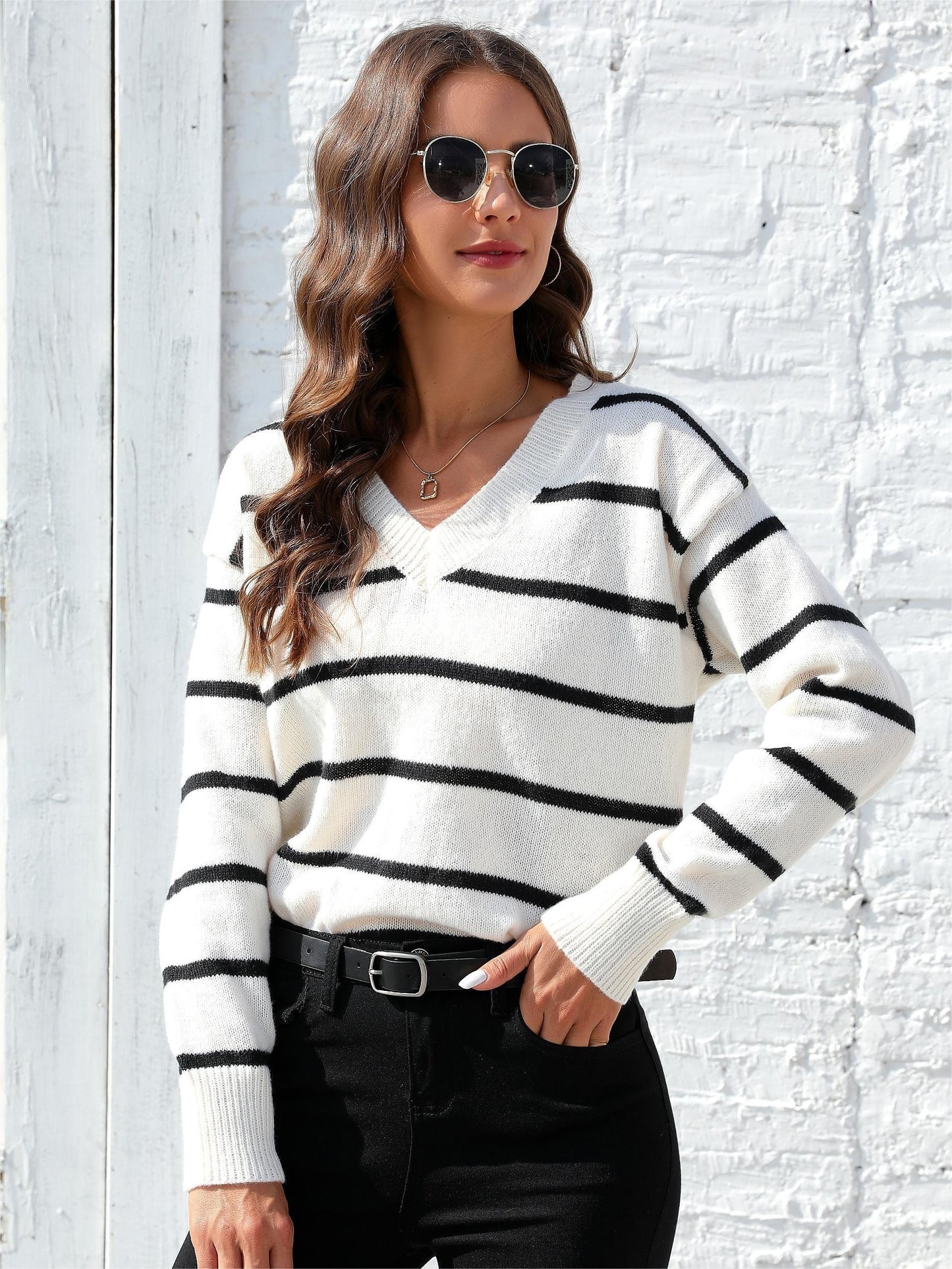 Striped V Neck Knit Sweater, Elegant Long Sleeve Pullover Sweater, Women's Clothing MyFave Boutique