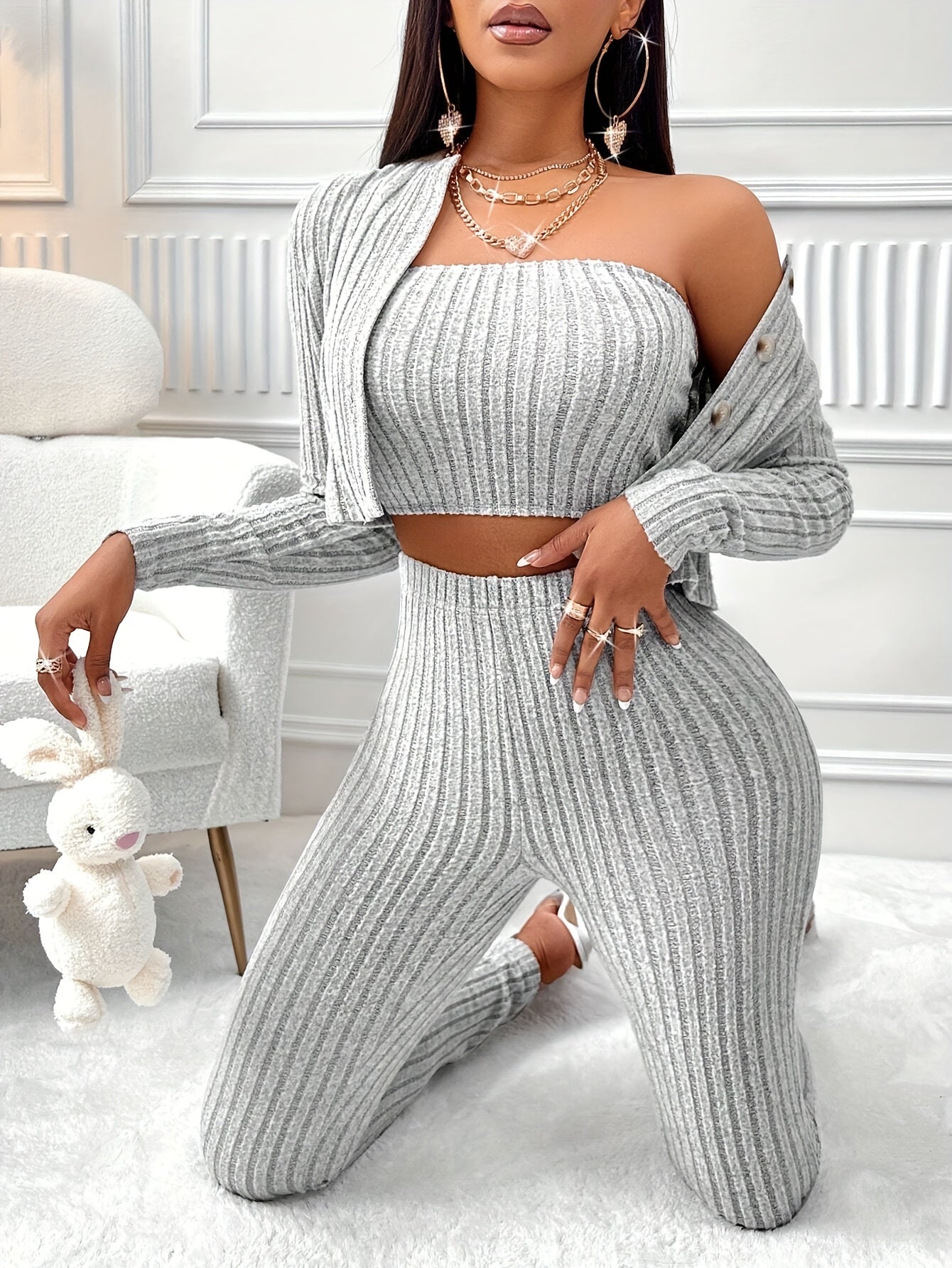 Textured Matching 3-pieces Set, Casual Long Sleeve Button Front Cardigan & Slim Tube Top & Skinny Pants Outfits, Women's Clothing MyFave Boutique