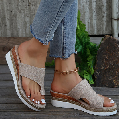 Women's Toe Loop Wedge Sandals, Stylish Open Toe Slip On Summer Shoes, Versatile Outdoor Vacation Slide Sandals MyFave Boutique