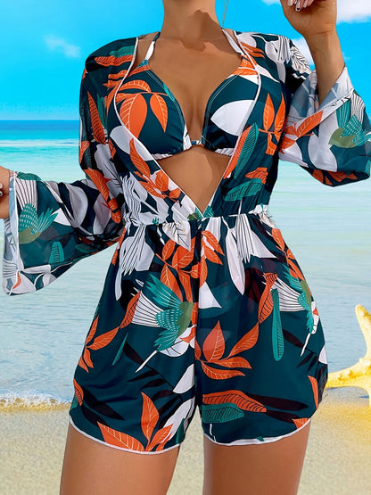 Women's Fashion Bikini Swimwear, Women's Sexy Printed Three-Piece Swimsuit With Cover-Up, Tropical Leaf Design MyFave Boutique