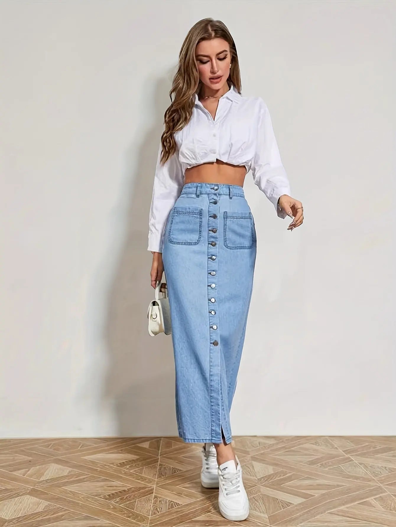 Women's Single-breasted Denim Maxi Skirt with Split Hem, Patch Pocket, and High Rise MyFave Boutique