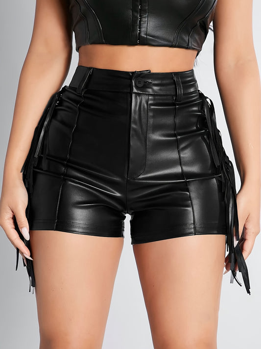 Fringe Hem Faux Leather Shorts, Vintage High Waist Slim Shorts For Spring & Summer, Women's Clothing MyFave Boutique