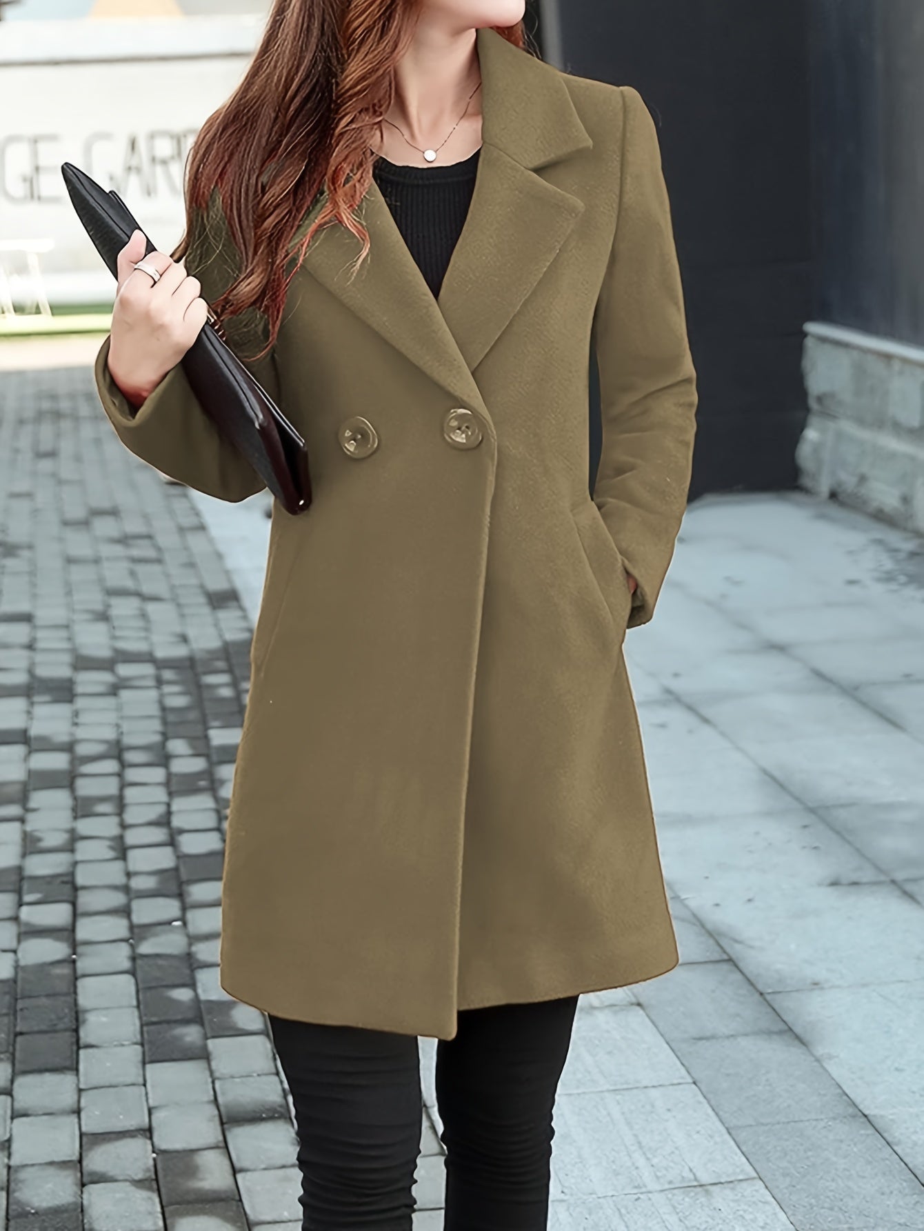 Womens Button Wool Blend Elegant Notched Collar Double Breasted Midi Long Pea Coat MyFave Boutique