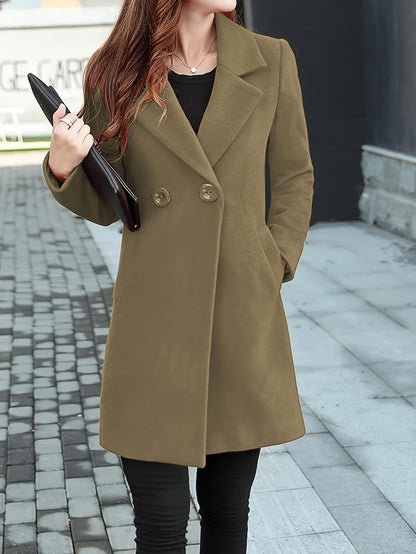 Womens Button Wool Blend Elegant Notched Collar Double Breasted Midi Long Pea Coat MyFave Boutique