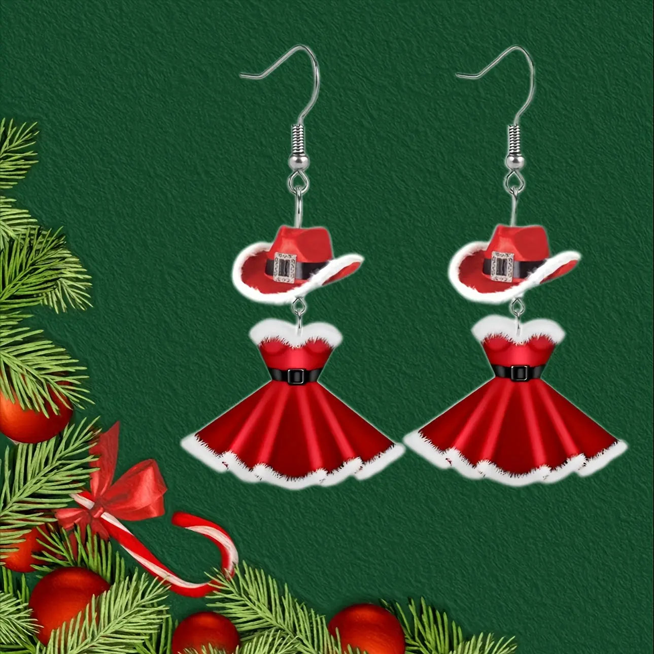 Chic Christmas Red Dress & Hat Long Drop Earrings - Acrylic, Boho-Sexy Style for Women | Perfect Holiday Party Accessory & Gift MyFave Boutique