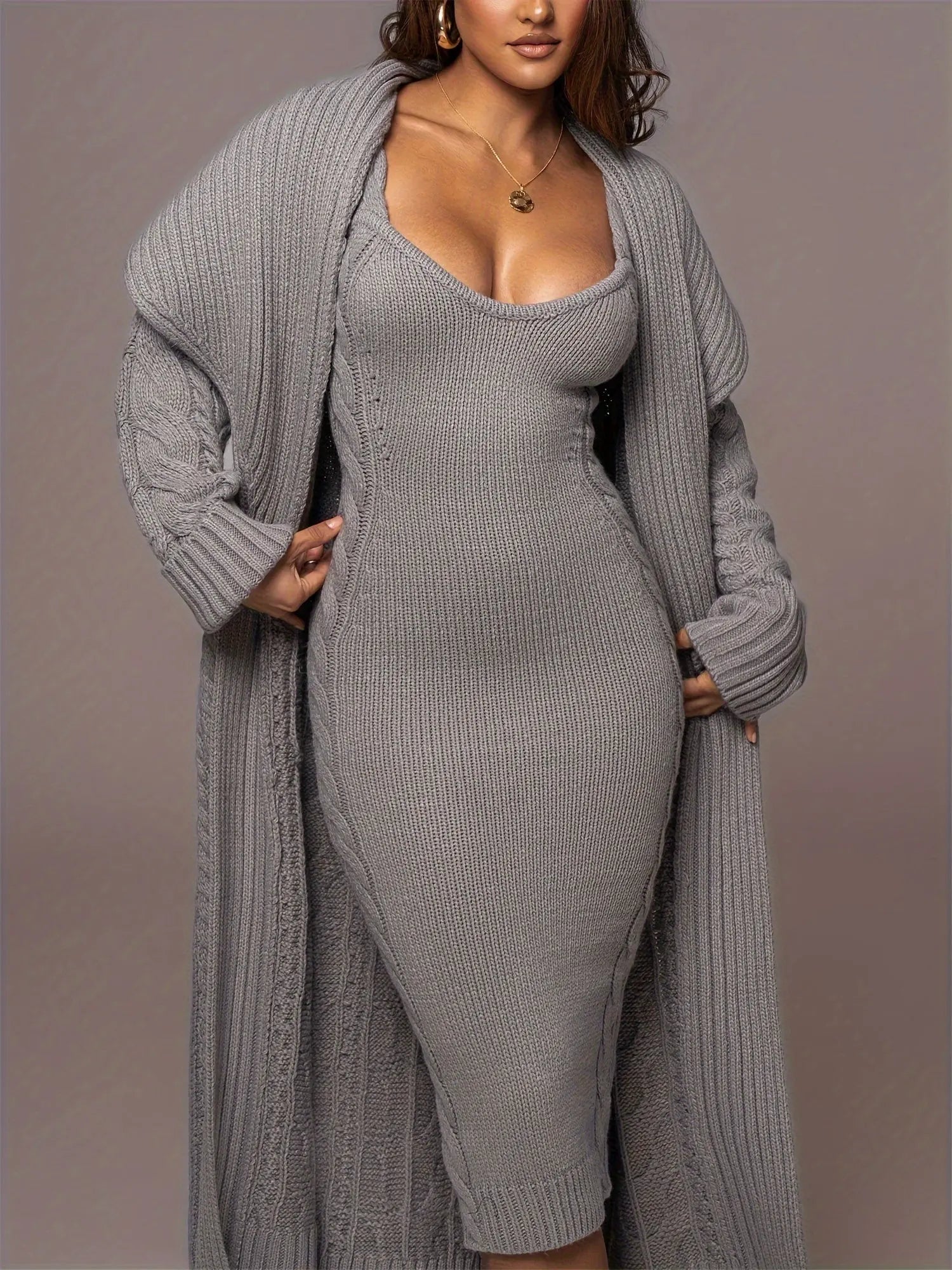 Knitted Sweater Dress And Cardigan Two-piece Set, Chic, Warm And Cozy, For Fall Winter 2024 MyFave Boutique