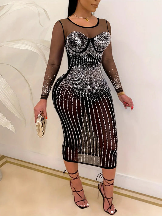 Rhinestone Mesh Semi Sheer Bodycon Dress, Elegant Long Sleeve Crew Neck Dress For Party, Women's Clothing MyFave Boutique