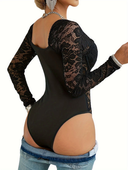 Lace Splicing Sweetheart Neck Bodysuit, Sexy Long Sleeve Tight Fit Bustier Bodysuit, Women's Clothing MyFave Boutique