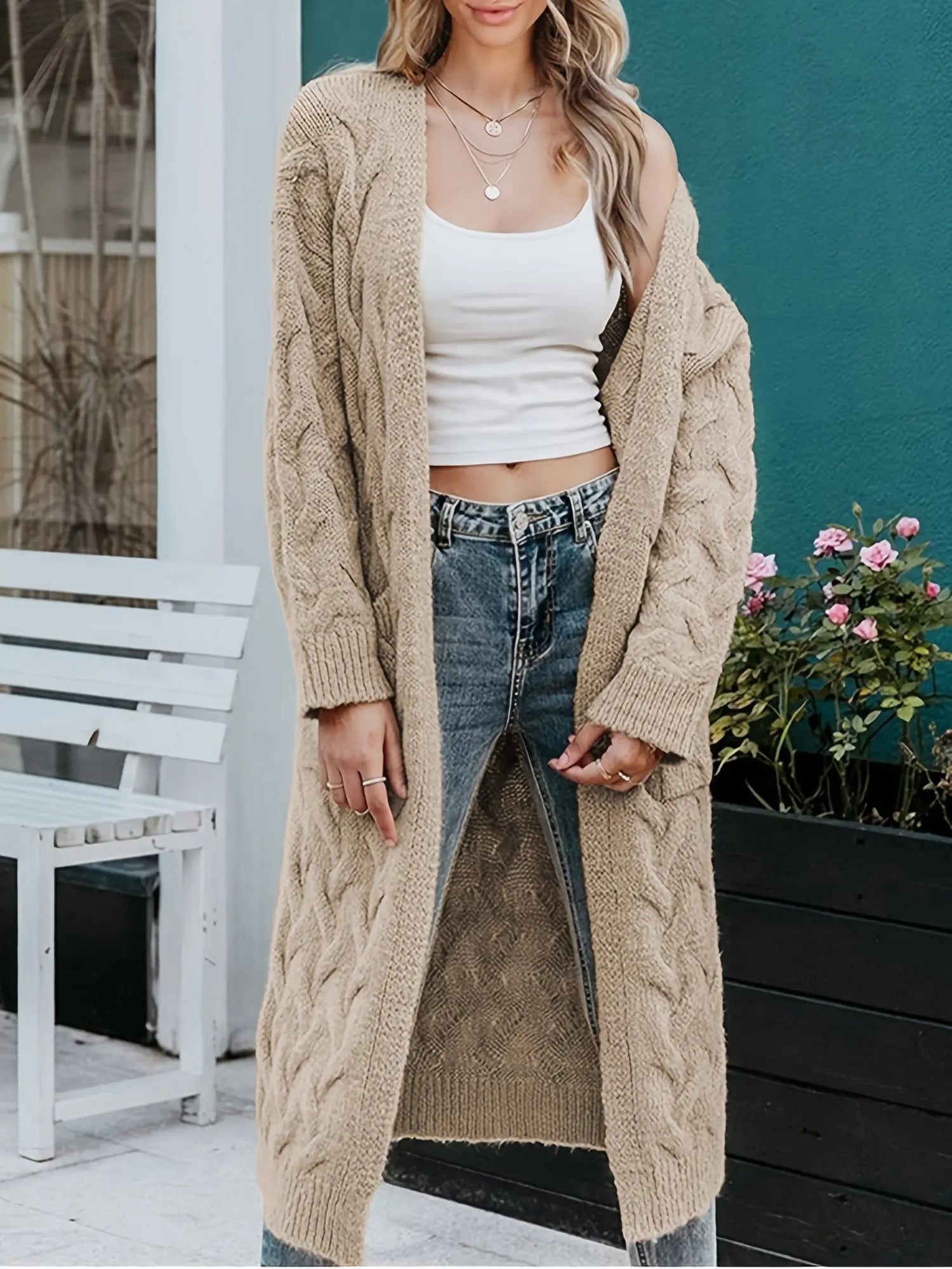 Cable Knit Long Cardigan Coat for Women - Open Front Loose Sweater with Pockets MyFave Boutique