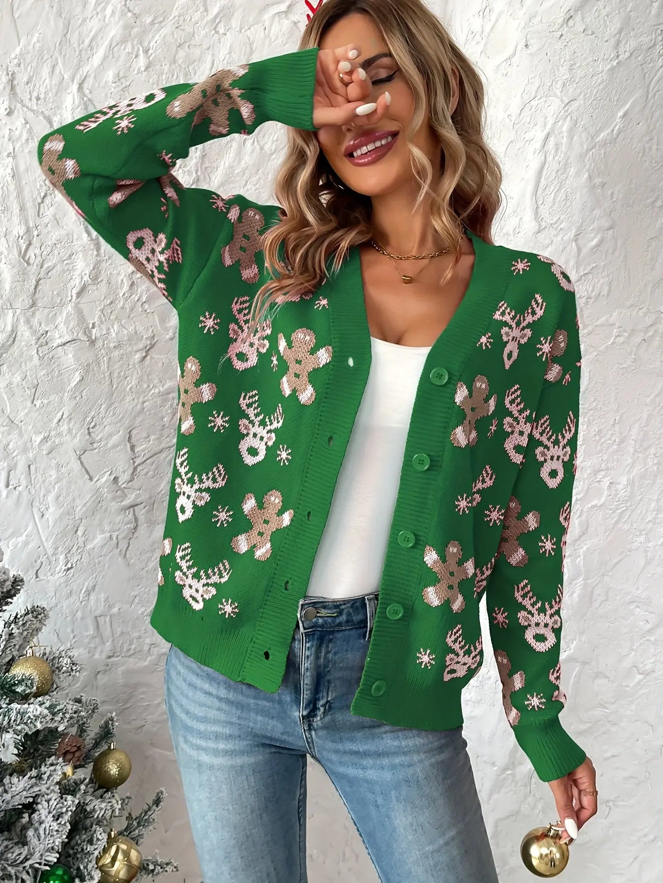 Christmas Pattern Button Down Knit Cardigan, Elegant V Neck Long Sleeve Sweater, Women's Clothing MyFave Boutique