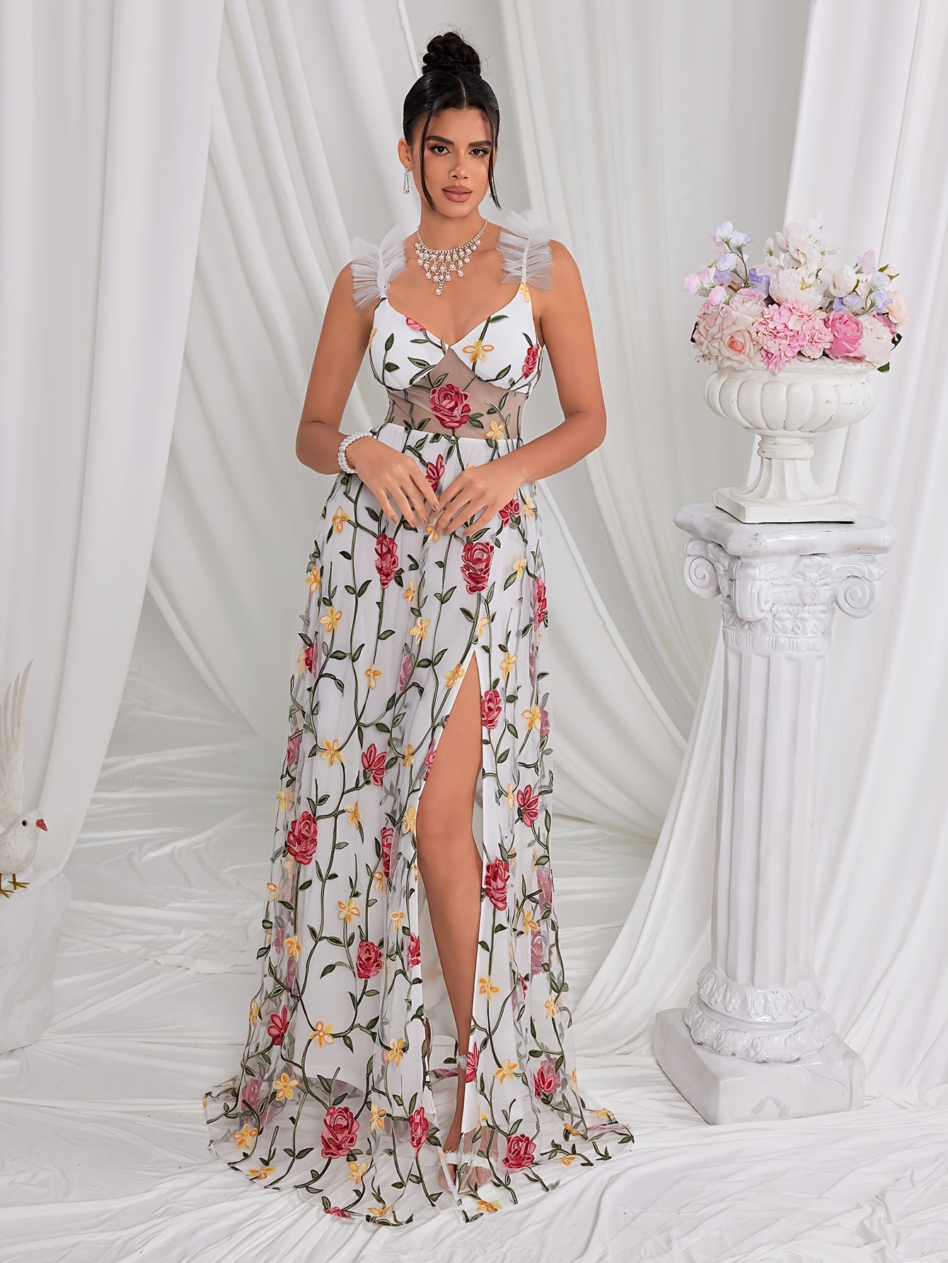 Floral Embroidered Mesh Trim V-neck Dress, Elegant Sleeveless Court Train Maxi Dress For Spring & Summer, Women's Clothing MyFave Boutique