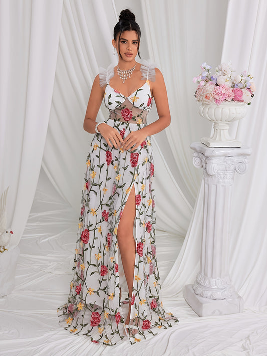 Floral Embroidered Mesh Trim V-neck Dress, Elegant Sleeveless Court Train Maxi Dress For Spring & Summer, Women's Clothing MyFave Boutique