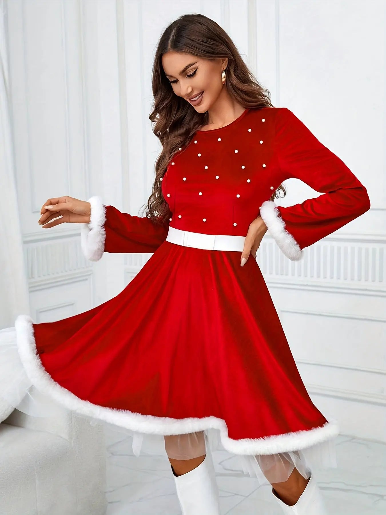 1pc Festive Christmas Dress for Women, Polyester Red Santa Costume with Faux Fur Trim and Belt Detail, Casual Round Neck Long Sleeve Holiday Party Outfit MyFave Boutique