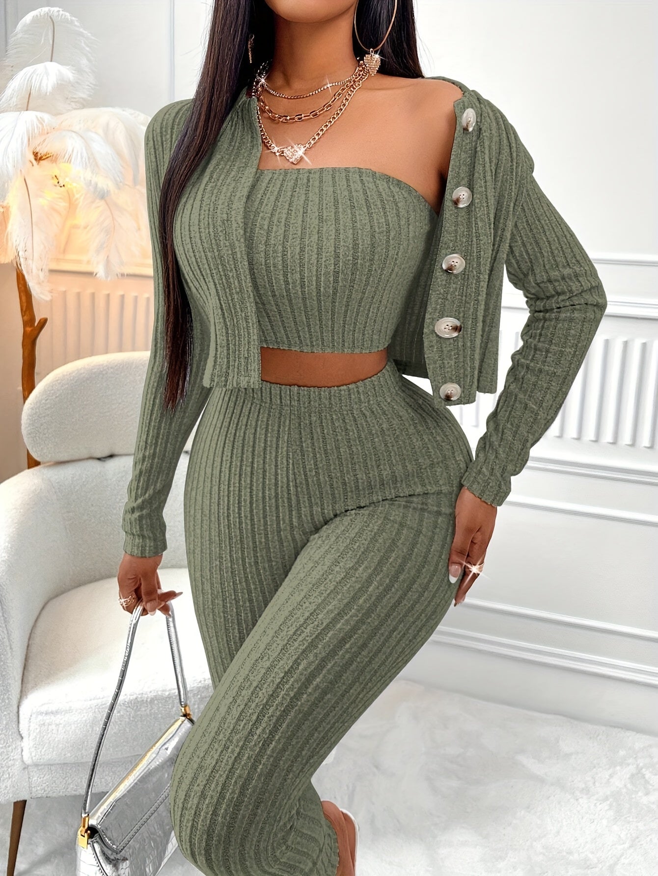 Textured Matching 3-pieces Set, Casual Long Sleeve Button Front Cardigan & Slim Tube Top & Skinny Pants Outfits, Women's Clothing MyFave Boutique