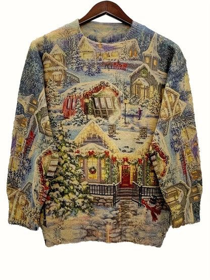 Elegant Crew Neck Christmas Sweater - Winter Scene Print Long Sleeve Pullover - Polyester Acrylic Nylon Blend Knitted Fabric - Cozy Fall/Winter Festive Top MyFave Boutique