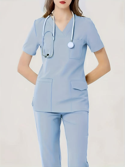 Comfortable & Functional Matching Two-piece Set, Pockets V-neck Top & Solid Pants Health Care Uniform, Women's Clothing MyFave Boutique