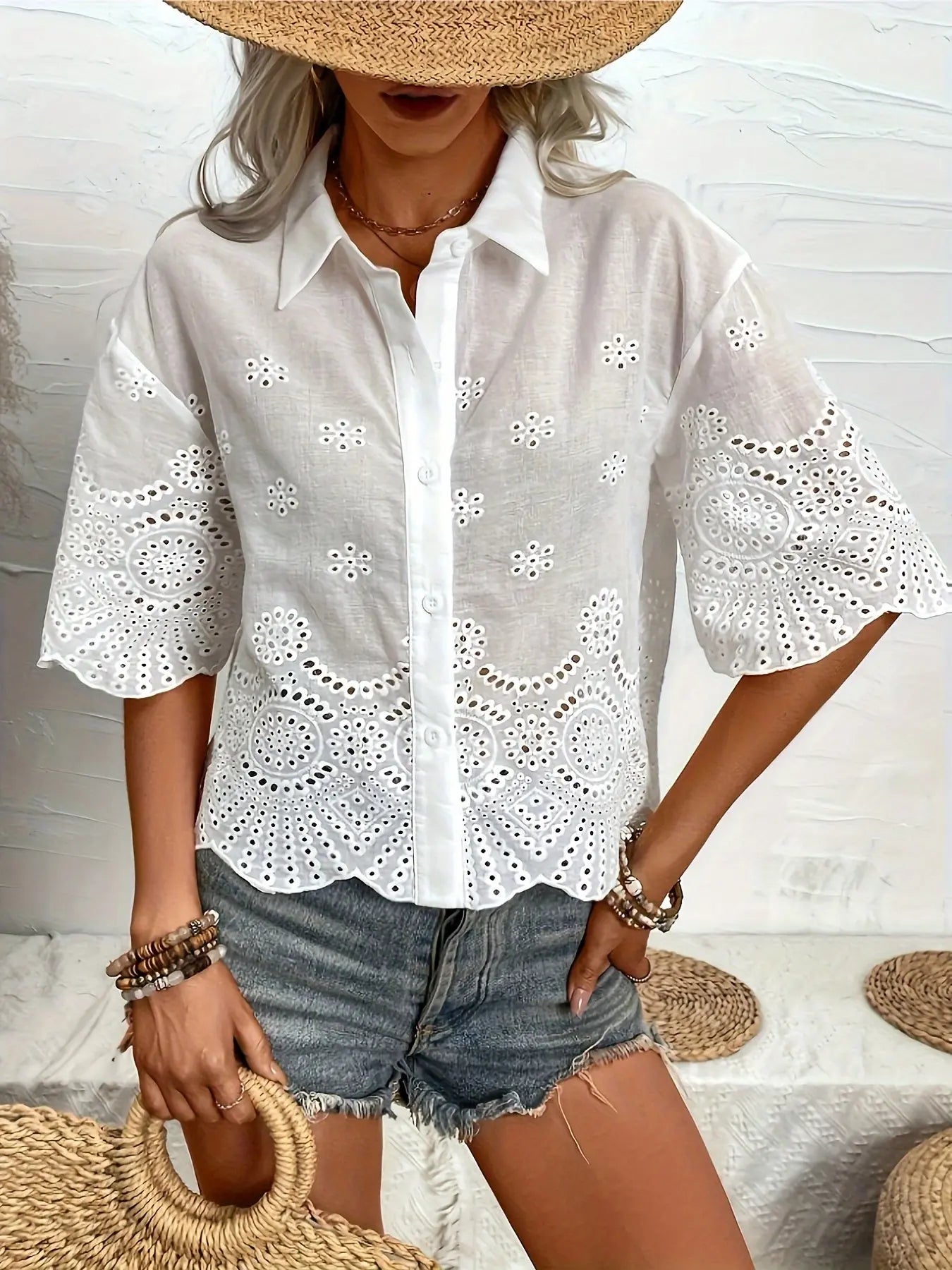 Eyelet Embroidery Button Front Blouse, Casual Half Sleeve Top For Spring & Summer, Women's Clothing MyFave Boutique