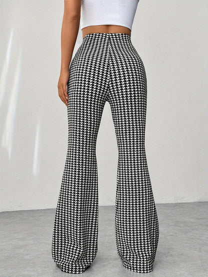 Houndstooth Pattern High Waist Pants, Stylish Flare Leg Pants For All-season, Women's Clothing MyFave Boutique