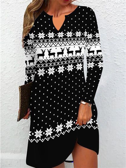 Women's Christmas Elk & Snowflake Print V-Neck Long Sleeve Knit Dress - Cozy Autumn/Winter Casual Sweater Dress MyFave Boutique