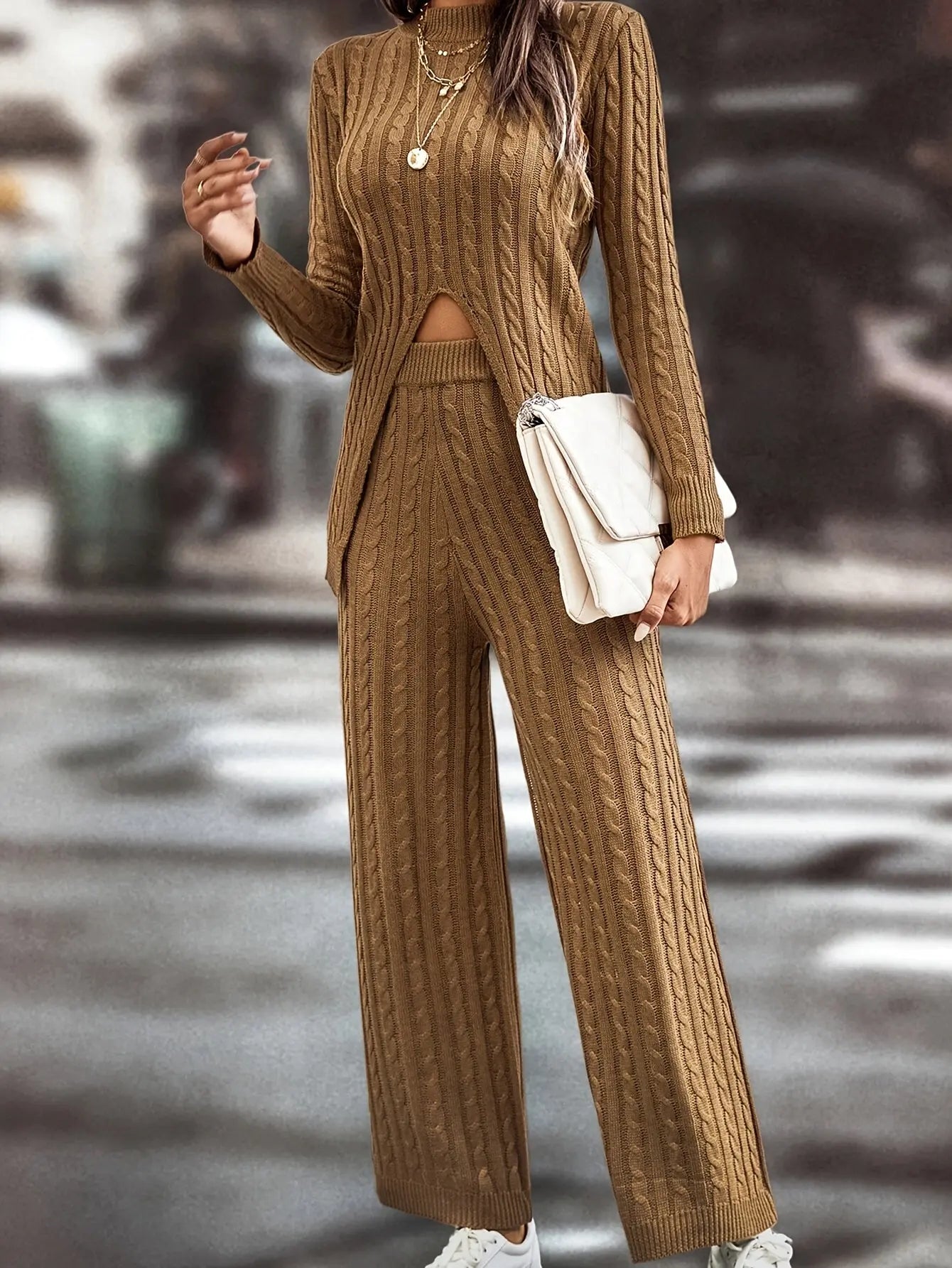 Elegant Cable Knit Pantsuits, Mock Neck Long Sleeve Split Pullover Sweater & High Waist Wide Leg Pants Outfits, Women's Clothing MyFave Boutique