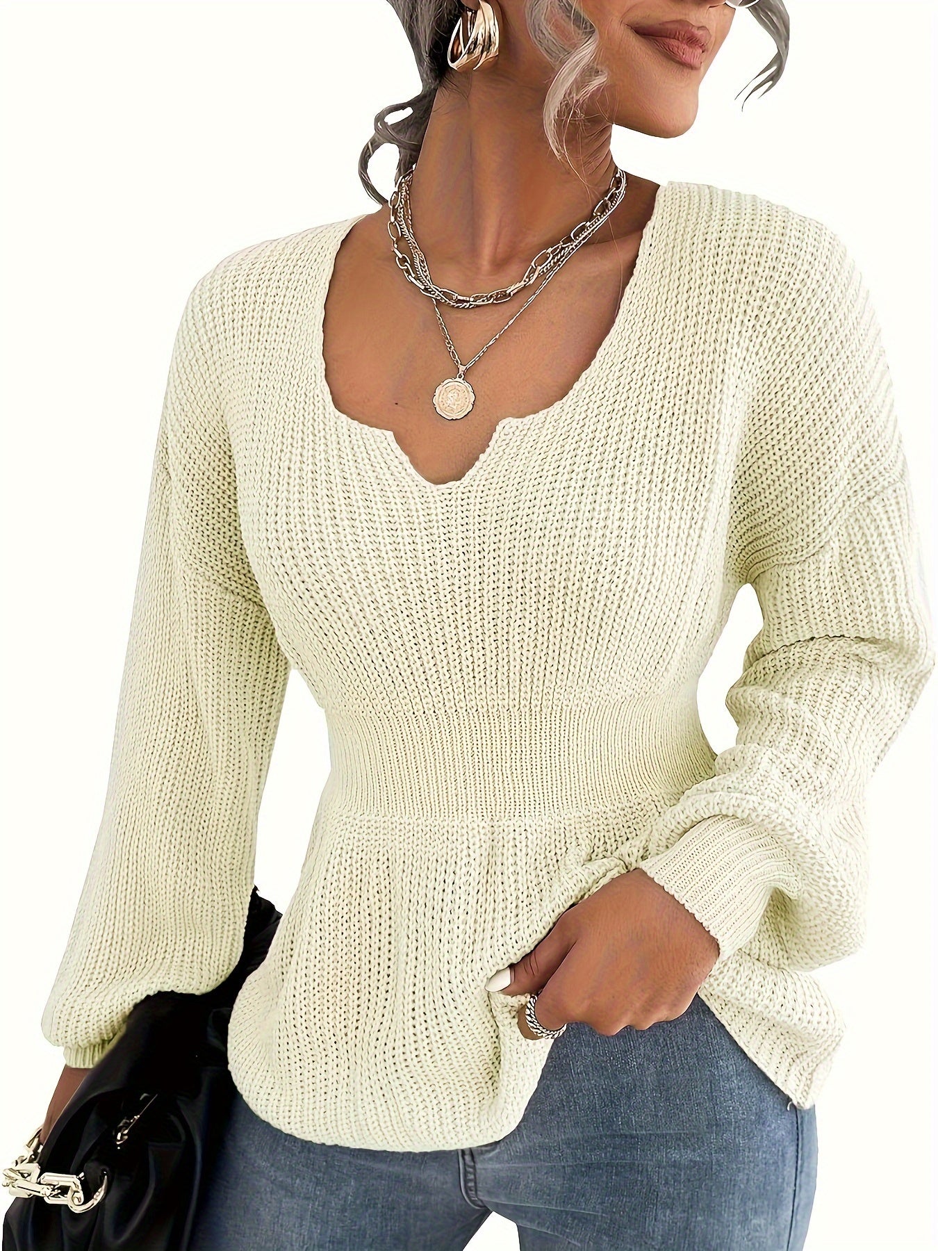 Womens V Neck Sweaters Fall Trendy Casual Long Lantern Sleeve Ribbed Knit Pullover Sweater Tops MyFave Boutique