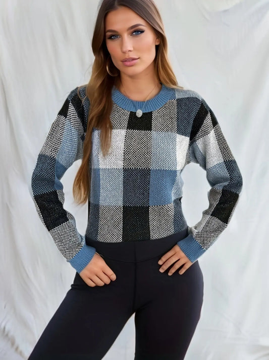 Knit Plaid Print Crew Neck Sweater, Casual Long Sleeve Sweater, Women's Clothing MyFave Boutique