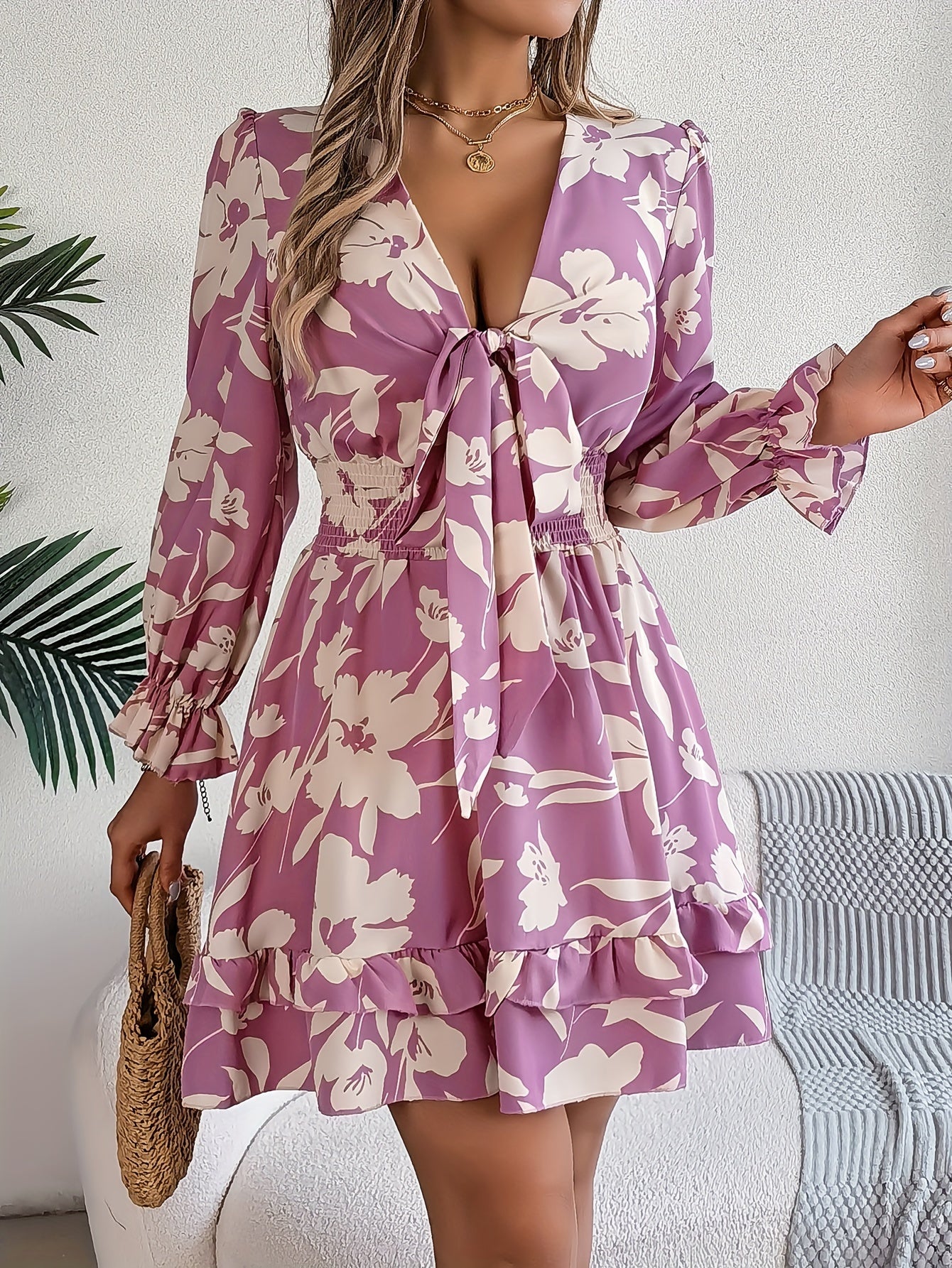 Floral Print Knot Front Dress, Elegant Long Sleeve Shirred Waist Ruffle Hem Dress For Spring & Fall, Women's Clothing MyFave Boutique