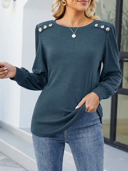 Button Decor Crew Neck T-shirt, Casual Long Sleeve Top For Spring & Fall, Women's Clothing MyFave Boutique