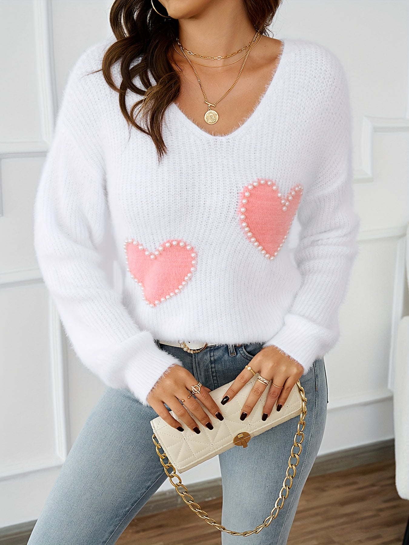 Cozy Heart Pattern Beaded Knit Sweater - Elegant Fuzzy V Neck Women's Clothing MyFave Boutique