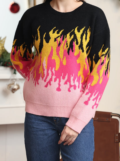 Fire Pattern Crew Neck Pullover Sweater, Casual Long Sleeve Sweater, Women's Clothing MyFave Boutique