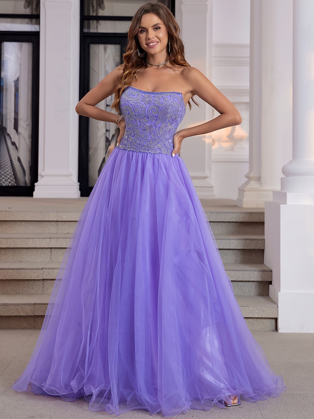 Luxury Crystal Hand Beading Formal Evening Dresses Long Ball Gown Tulle Homecoming Prom Party Gowns For Teens Strapless Lace Up Back Prom Dresses Long Floor Length MyFave Boutique