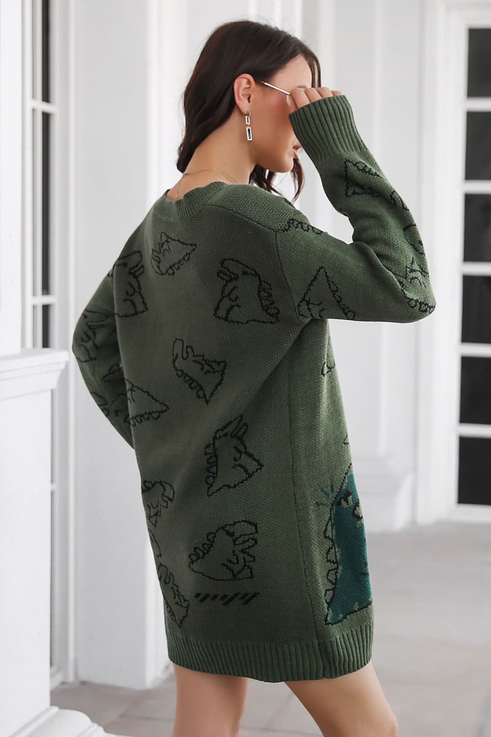 Dinosaur Pattern V-Neck Sweater Dress Trendsi