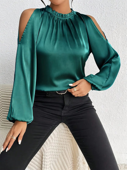 Cold Shoulder Mock Neck Blouse, Casual Lantern Sleeve Blouse For Spring & Fall, Women's Clothing MyFave Boutique