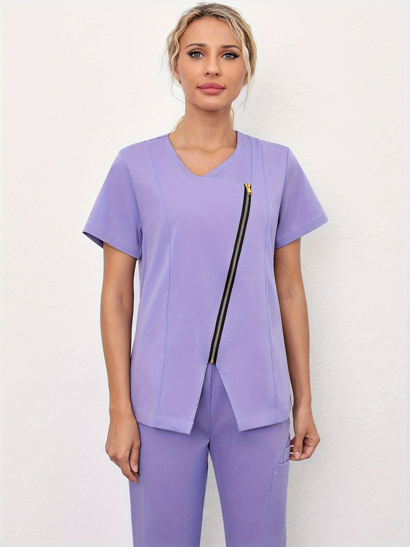 Short Sleeve V-neck Zipper Top, Comfortable & Functional Health Care Uniform For Nurse, Women's Clothing MyFave Boutique