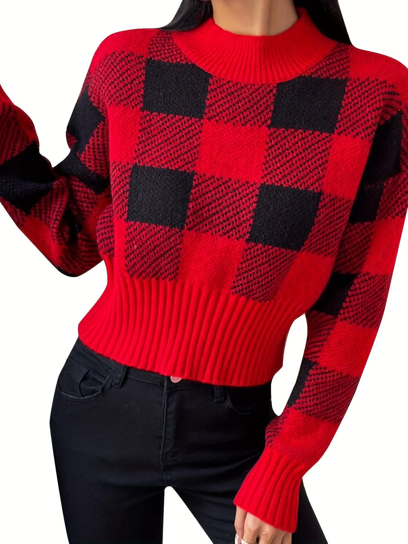 Plaid Crew Neck Pullover Sweater, Casual Long Sleeve Fall Winter Sweater, Women's Clothing MyFave Boutique