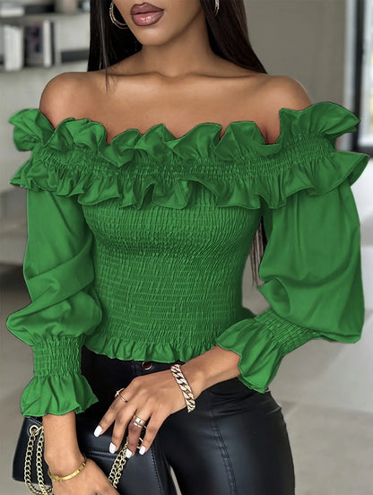 Off-Shoulder Ruffle Trim Shirred 3/4 Sleeve Top for Women, Elegant Spring/Summer Blouse MyFave Boutique