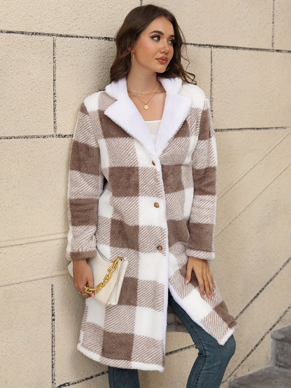 Women's Long Sleeve Collar Plush Lined Plaid Color Block Print Button Coat, Women's Clothing MyFave Boutique