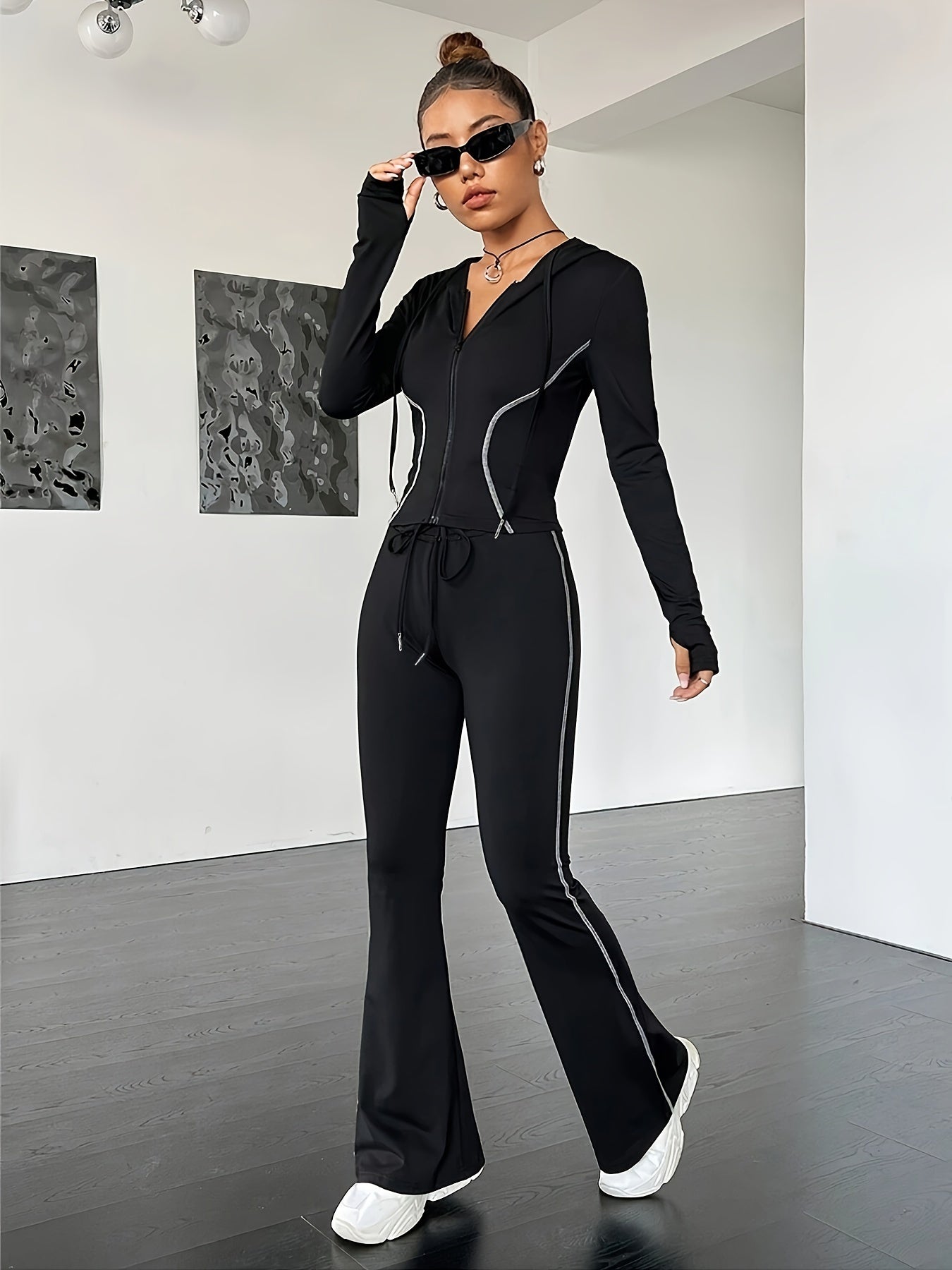 Fashion High Stretch Top Stitched Zipper Hooded Jacket & Sports Flare Leg Pants Running Fitness Sports 2-pieces Set MyFave Boutique