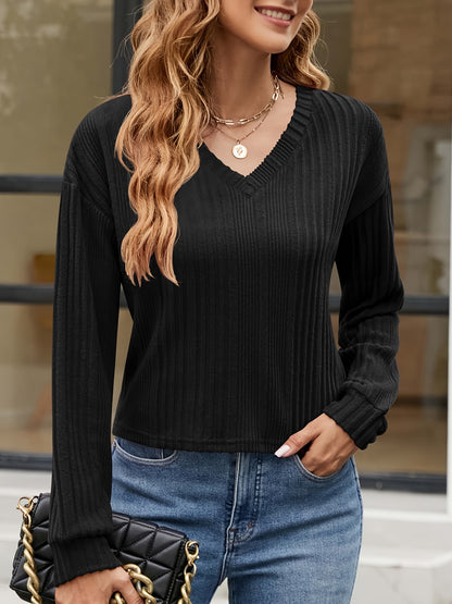 Women's V Neck Ribbed Knit Lightweight Soft Sweater Long Sleeve Cropped Casual Tops Women S-XLL MyFave Boutique